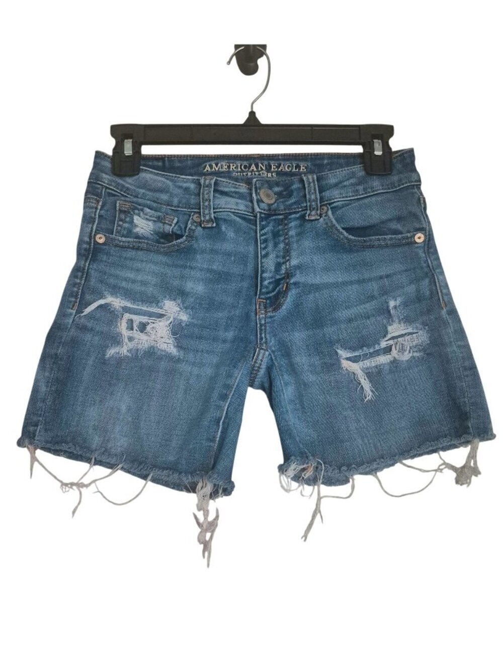 American Eagle Midi Denim Shorts Distressed Raw Hem Blue Super Stretch X Women 2